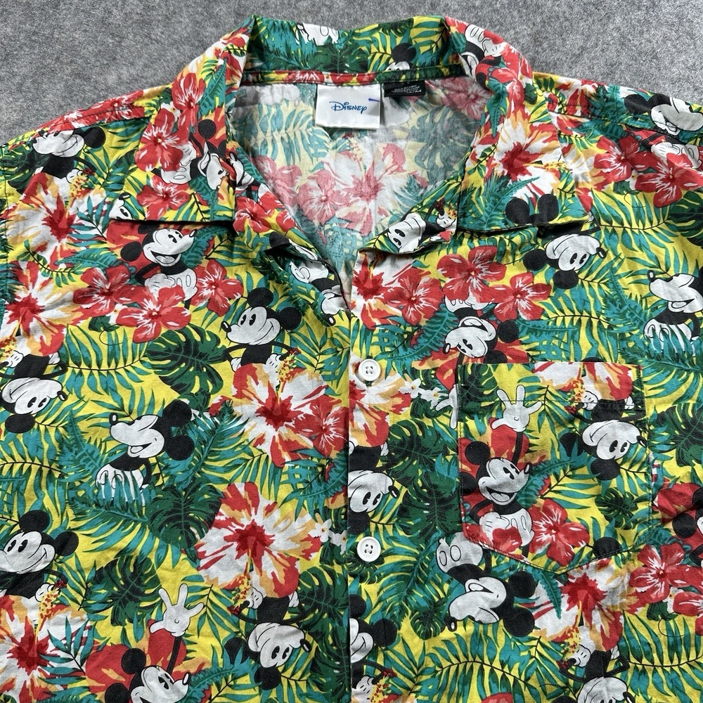 Disney Mickey Mouse Shirt Mens M Green Hawaiian Aloha Button Up Short Sleeve‎